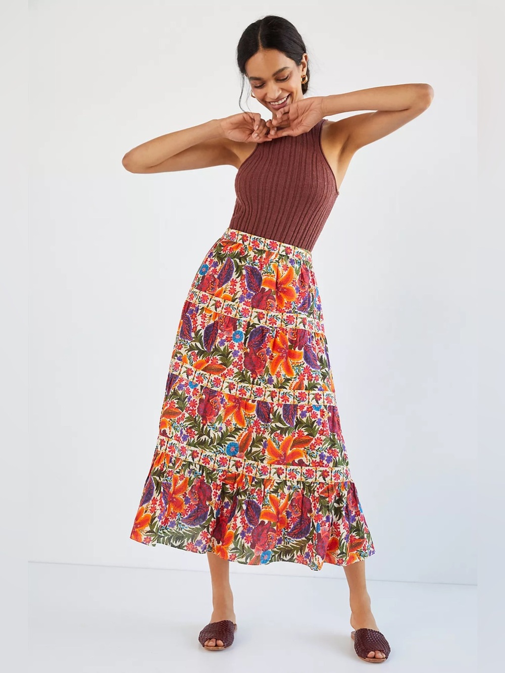 Farm Rio for Anthropologie Floral Tiered Maxi Skirt 100% Cotton Size Small Boho